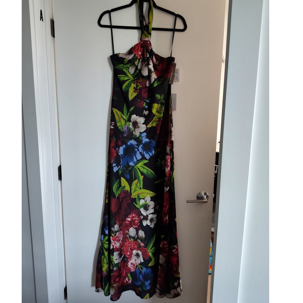 Betsy & Adam Floral Halter Neck Maxi Gown Black Multi A28076 Size 8 NWT